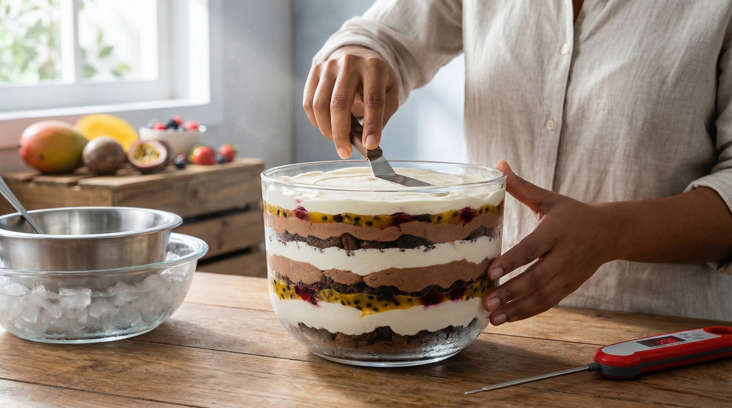 Resfriar o creme evita camadas tortas nas Sobremesas Geladas