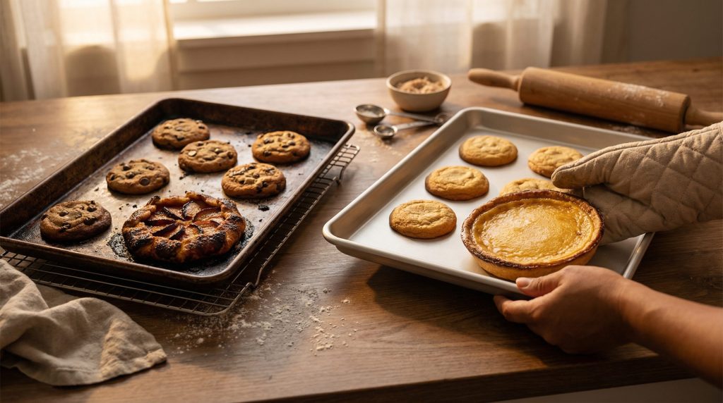 Assadeiras escuras queimam a base de Biscoitos e Tortas