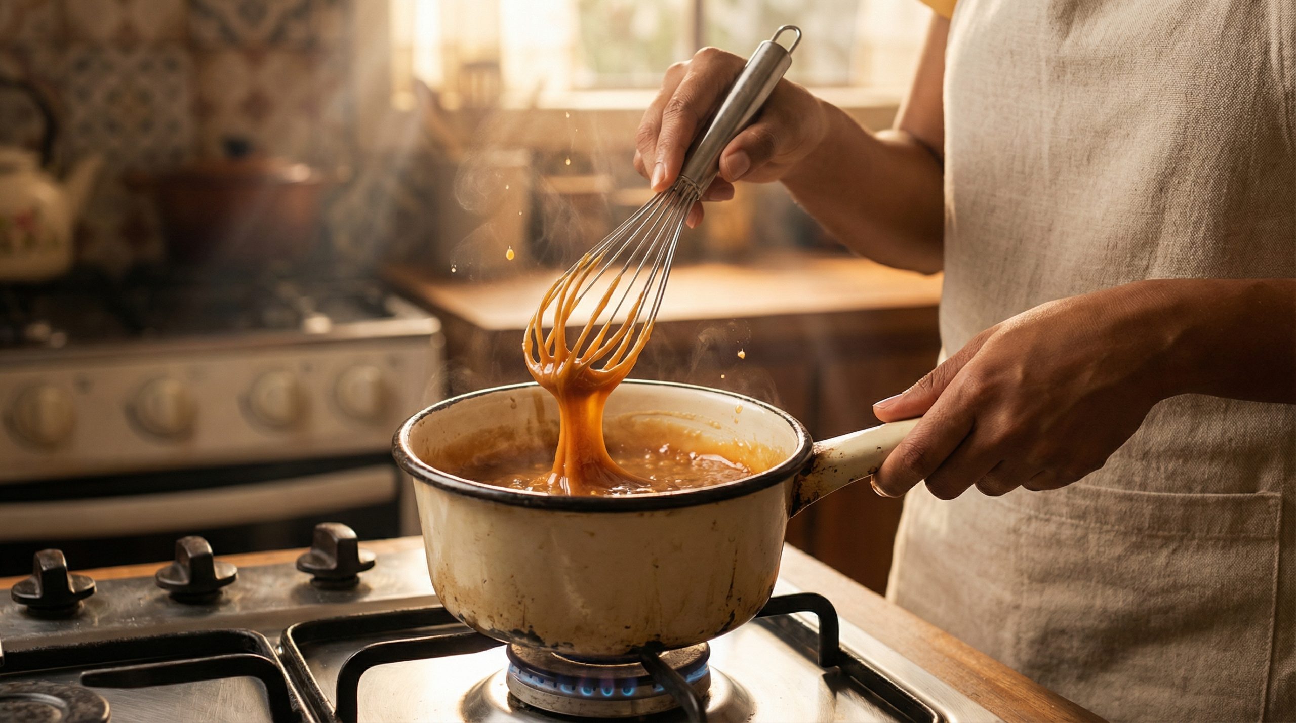Use o fouet para acabar com grumos em Doces de Panela