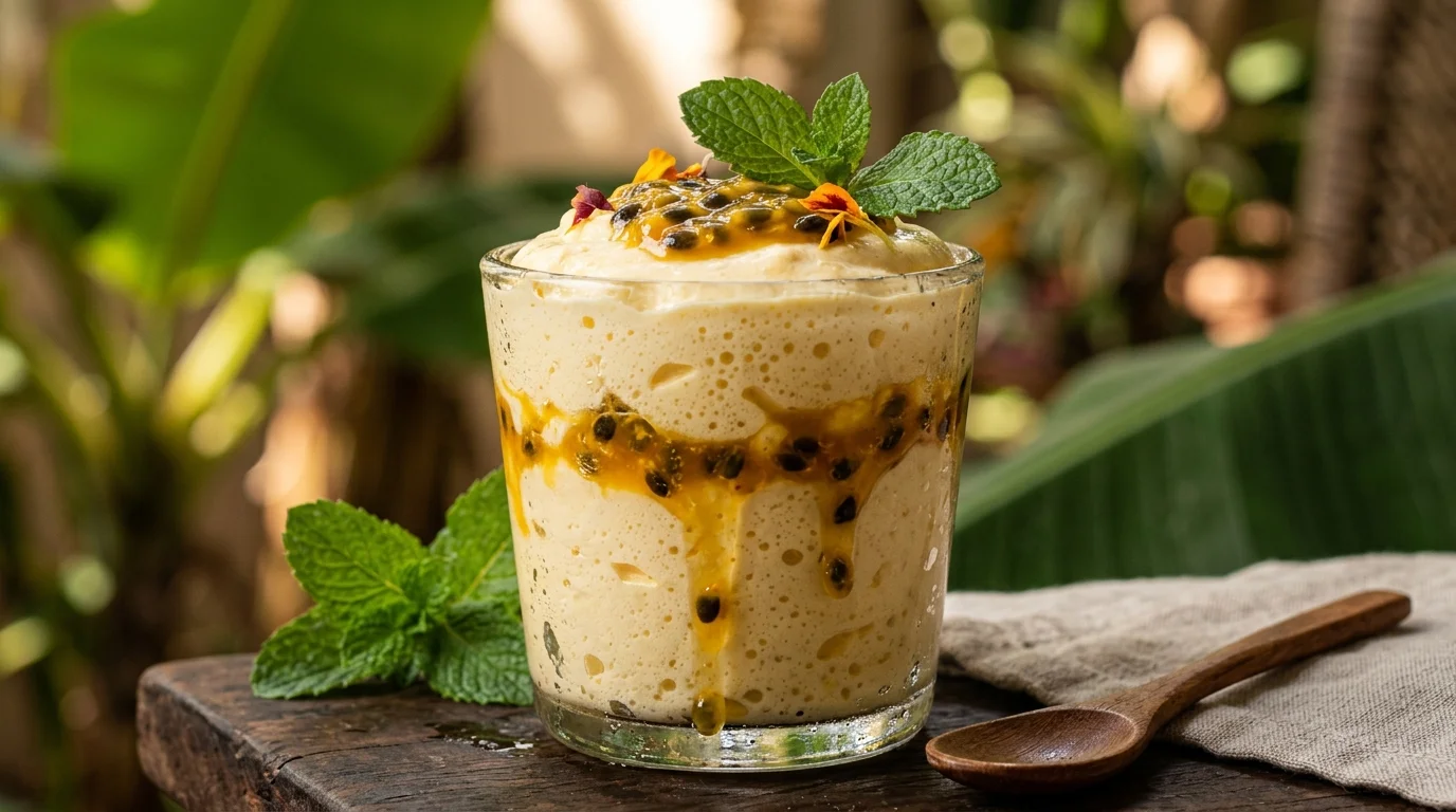 Textura cremosa de mousse tropical em taça de vidro com coulis de maracujá