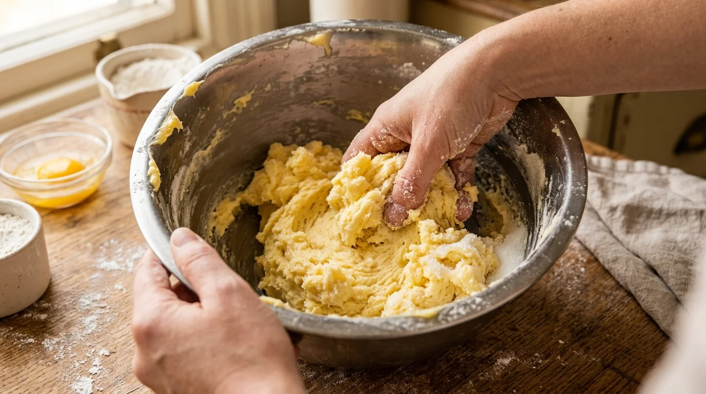 Mãos misturando manteiga com açúcar para massa de biscoitos amanteigados
