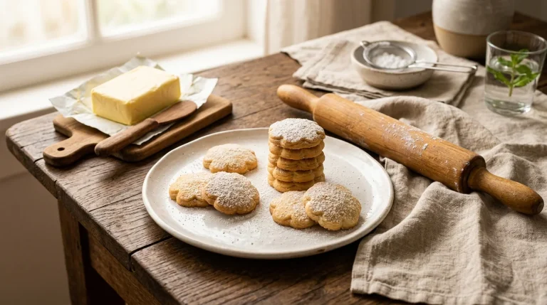 Biscoitos amanteigados dourados em prato cerâmico com manteiga e rolo de massa