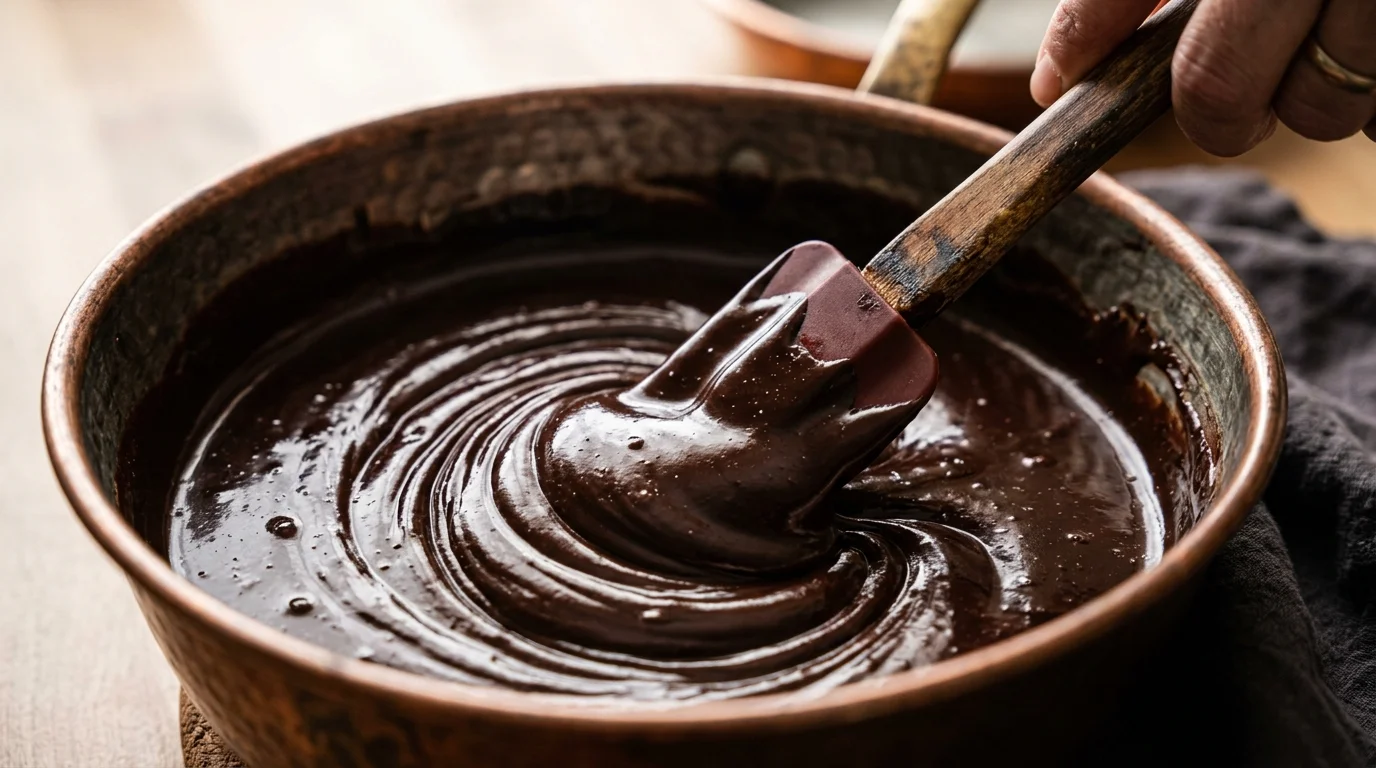 Ganache sendo mexida em tigela revelando emulsão perfeita e brilhante