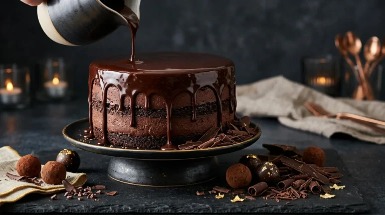 Ganache de chocolate escura sendo derramada sobre bolo com trufas