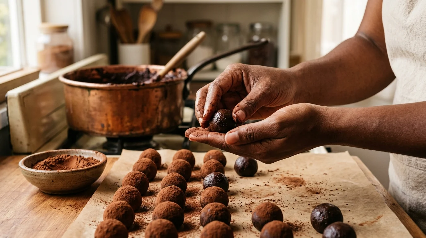 Mãos moldando brigadeiro com cacau em pó em papel manteiga