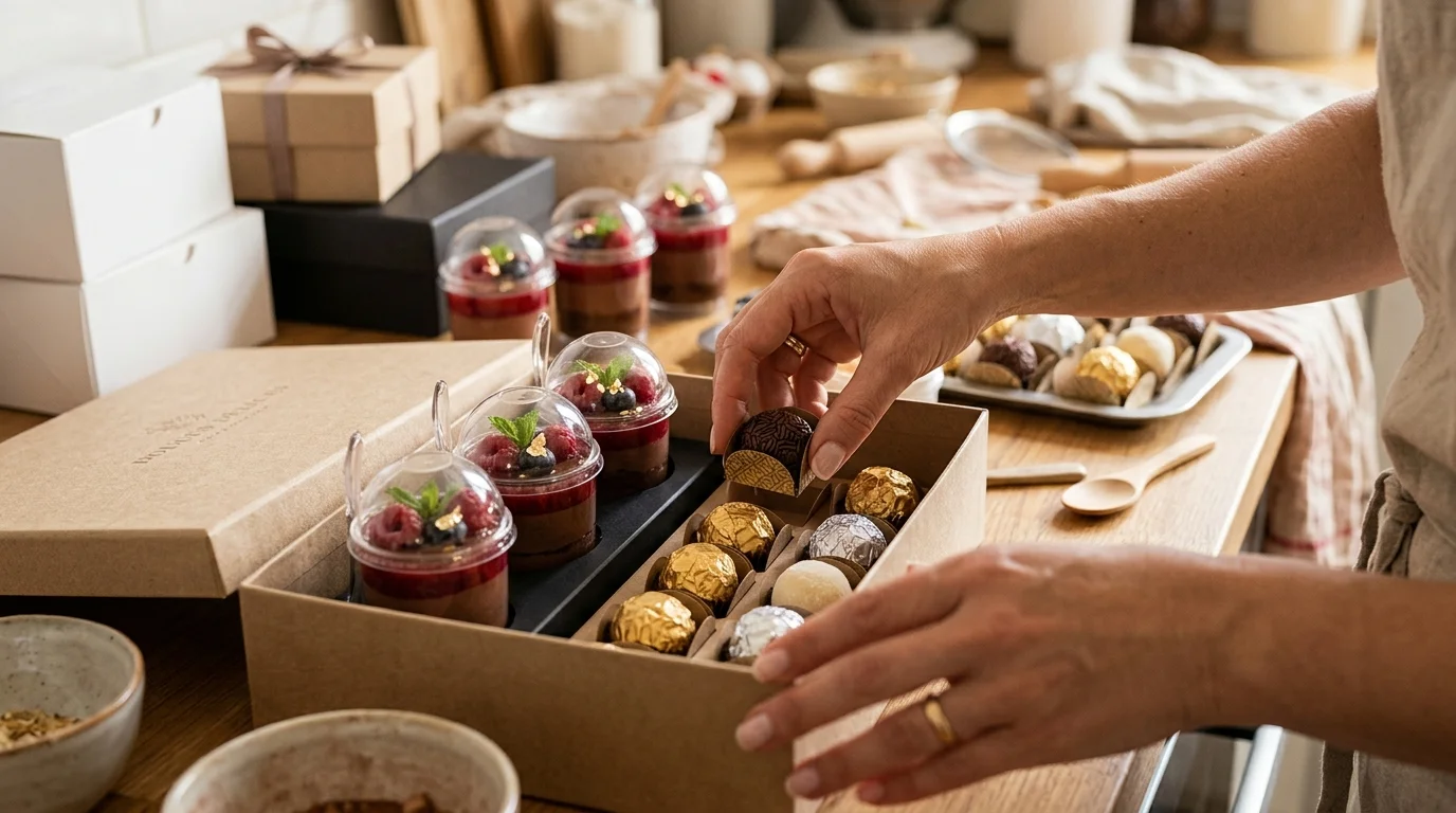 Embalagem de doces em potes individuais para transporte em festas