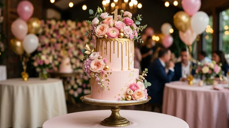 Bolo de aniversário decorado com buttercream rosa e flores frescas em base elegante