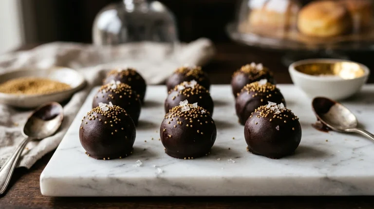 Brigadeiro gourmet com cobertura de chocolate e granulado dourado em mármore