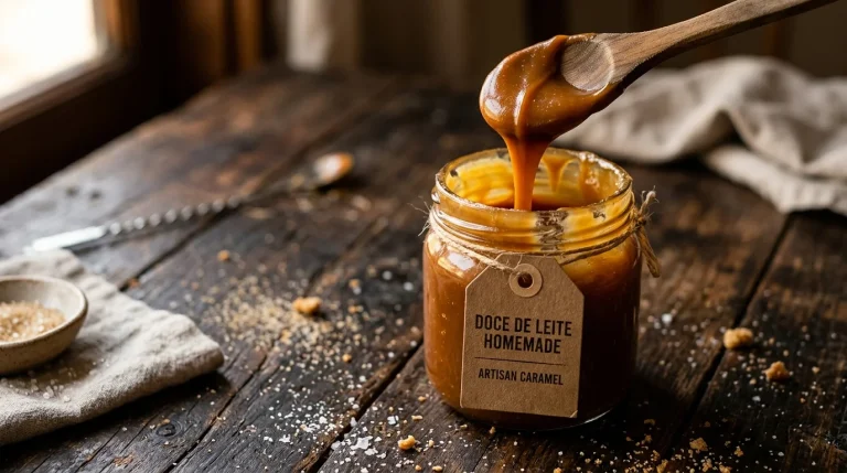 Doce de leite caseiro em pote de vidro rústico com colher de madeira