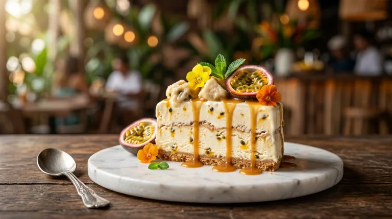 Semifreddo brasileiro com frutas tropicais servido em prato de mármore