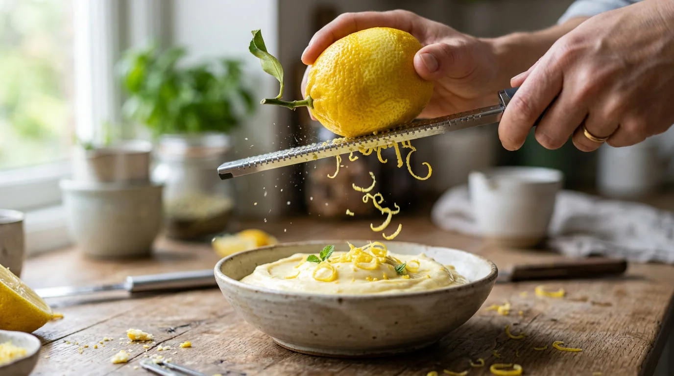 Raspas de limão siciliano sendo adicionadas à mousse cremosa