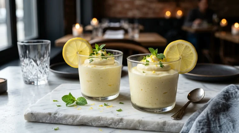Mousse de limão siciliano gelada em taças individuais com decoração de hortelã