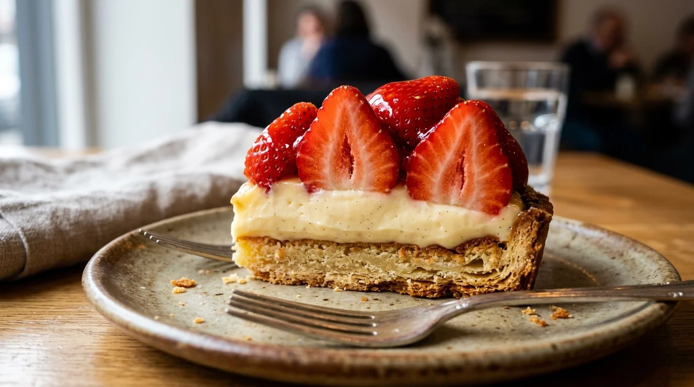 Fatia de torta de morango mostrando as camadas de massa, creme e frutas