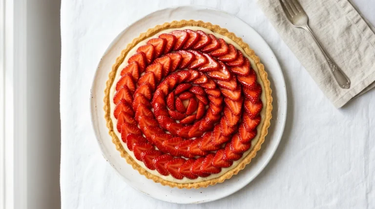 Torta de morango fresca com morangos em espiral sobre creme patissière