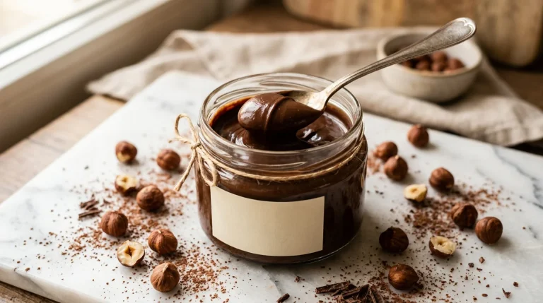 Pote de creme de avelã caseiro com colher mostrando textura sedosa
