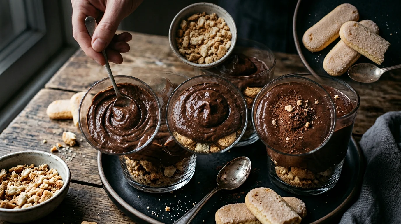 Mousse de chocolate sendo montada em taças individuais em camadas