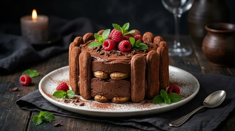 Charlotte de chocolate e biscoito champagne para festa com framboesas e hortelã
