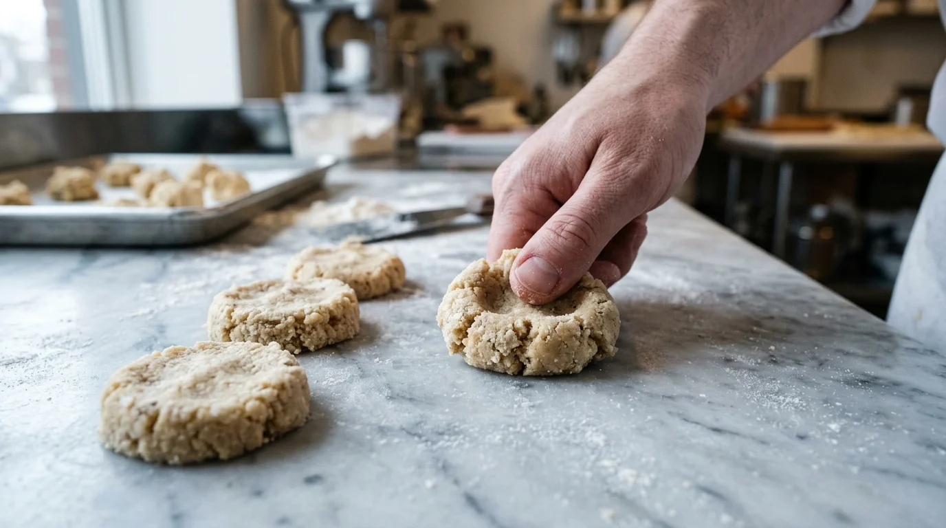 Massa de biscoito amanteigado sendo moldada em mármore resfriado