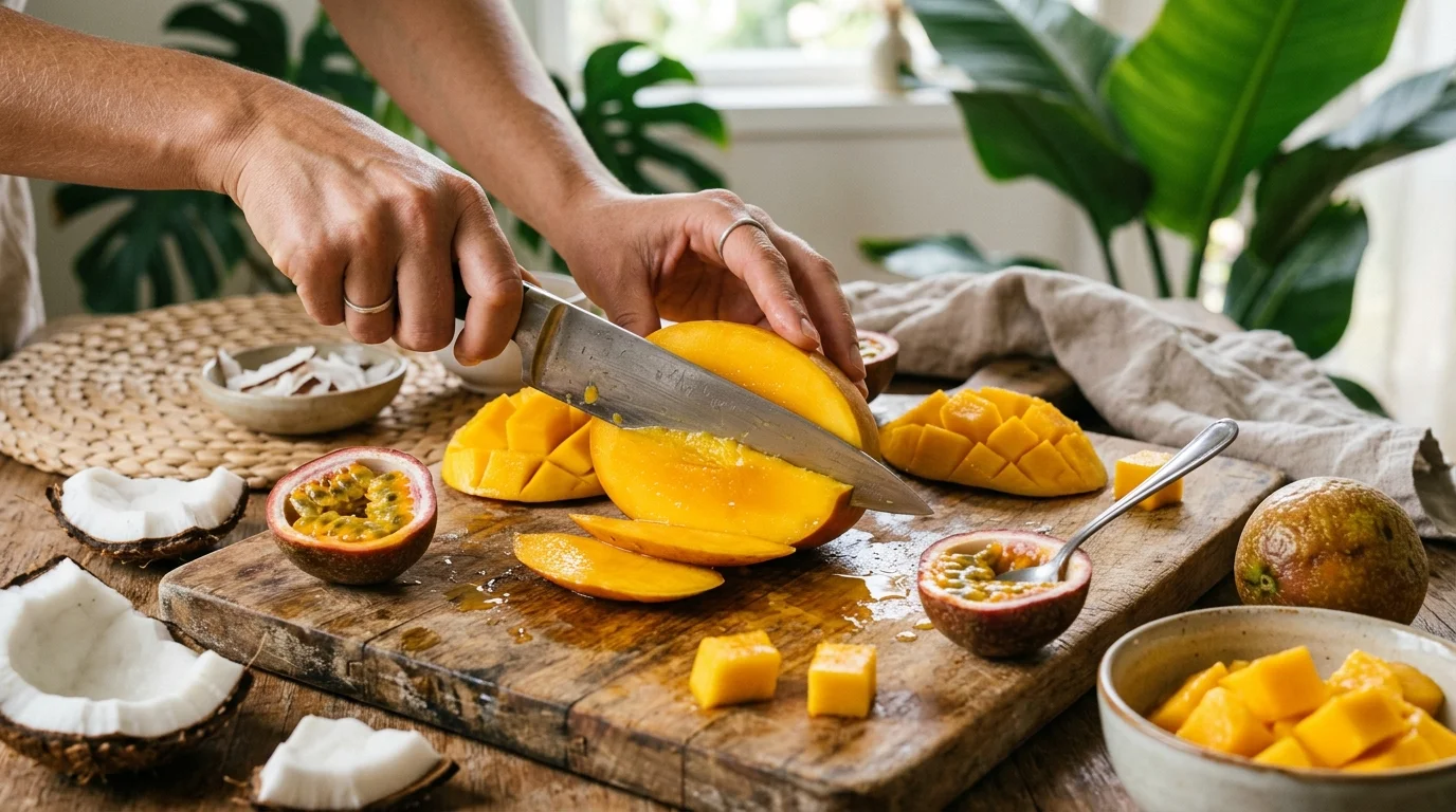 Frutas tropicais sendo preparadas para sobremesa gelada