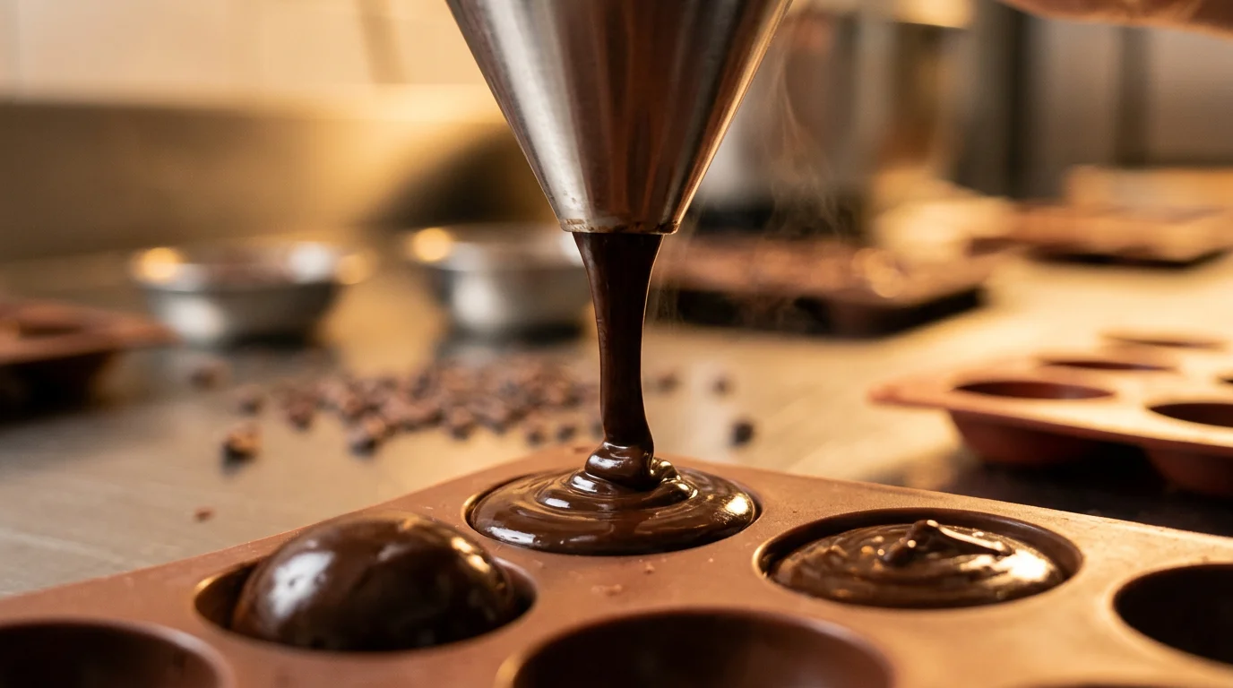 Ganache de chocolate sendo derramada em moldes de trufa
