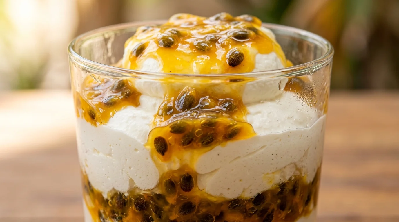 Close-up de creme de maracujá com sementes em taça individual