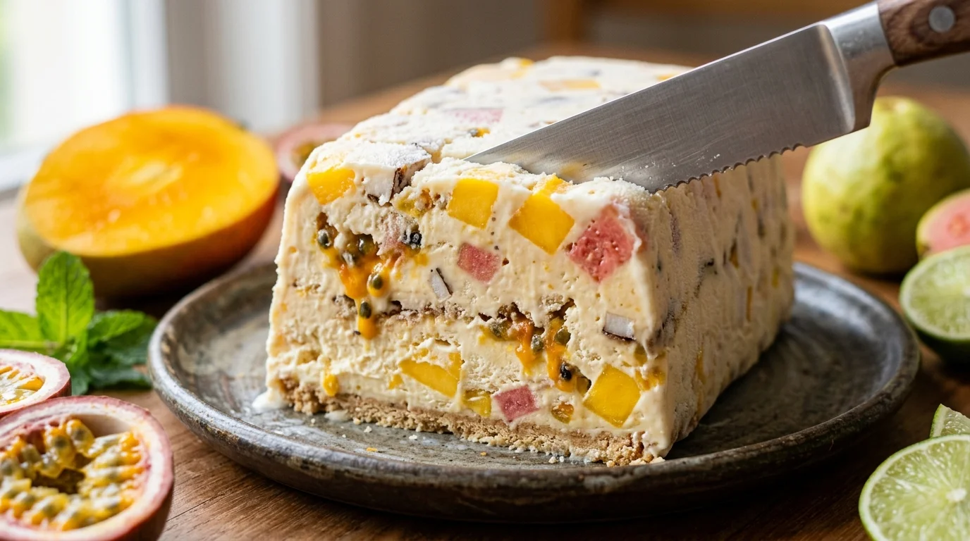 Close-up do semifreddo sendo cortado, mostrando camadas cremosas com frutas tropicais