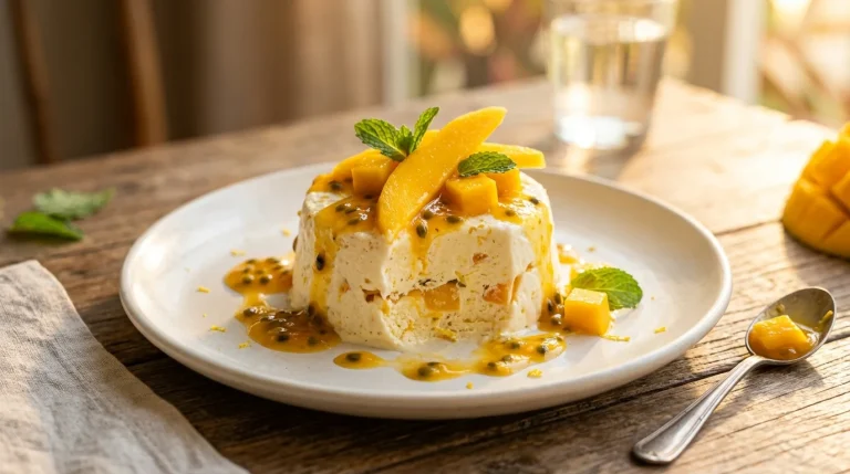 Semifreddo brasileiro com manga tropical e coulis de maracujá, sobremesa gelada profissional