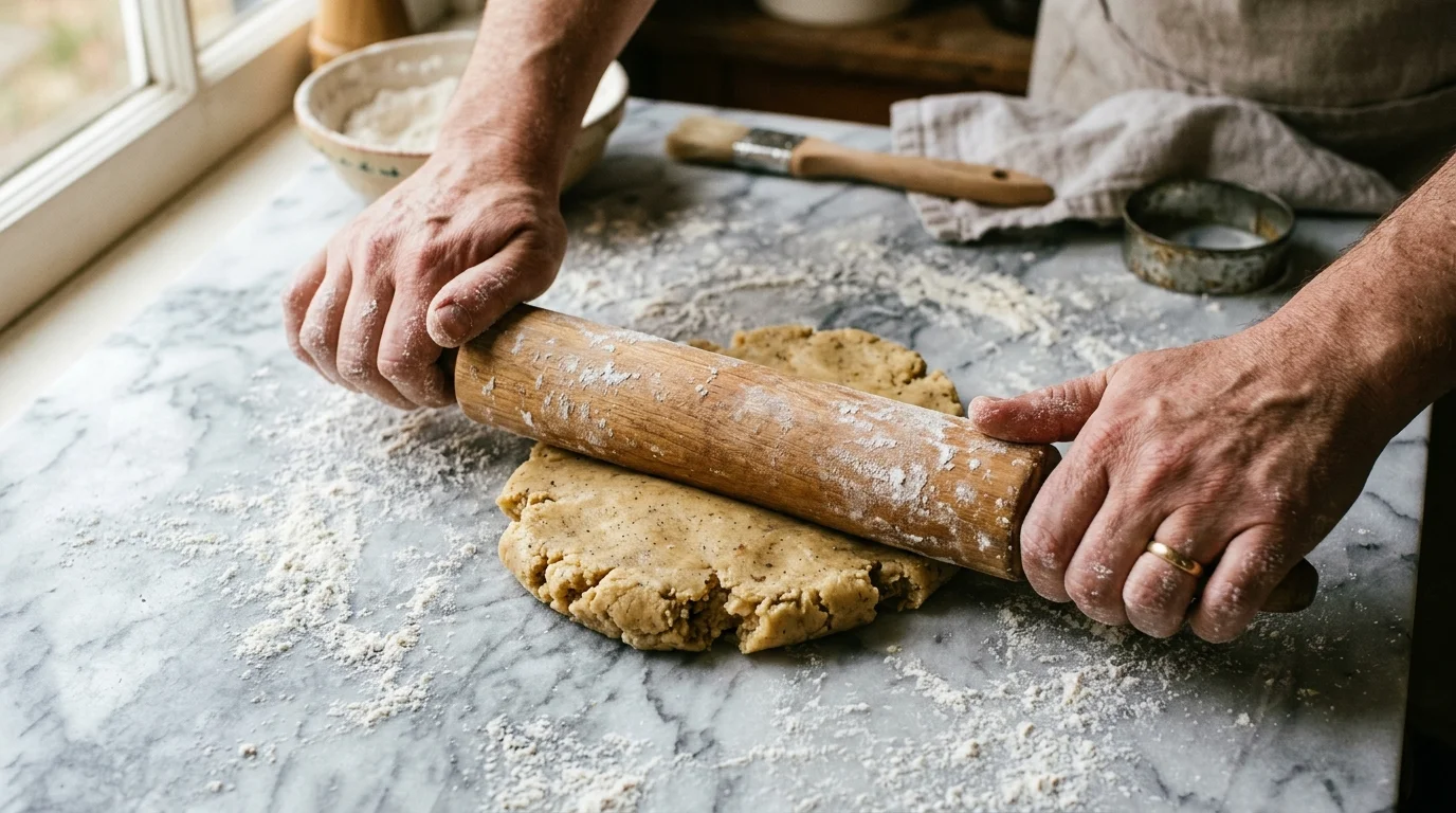 Mãos abrindo massa de biscoito artesanal com rolo em mármore enfarinhado, detalhe close-up
