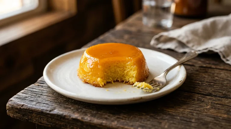 Quindim de forno com superfície dourada brilhante em prato branco