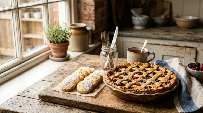 Biscoitos artesanais amanteigados e torta caseira rústica em tábua de madeira vintage