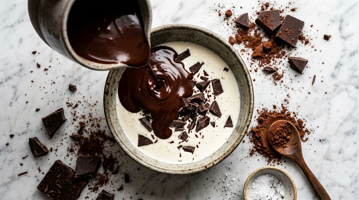 Chocolate derretido sendo incorporado ao creme de leite fresco