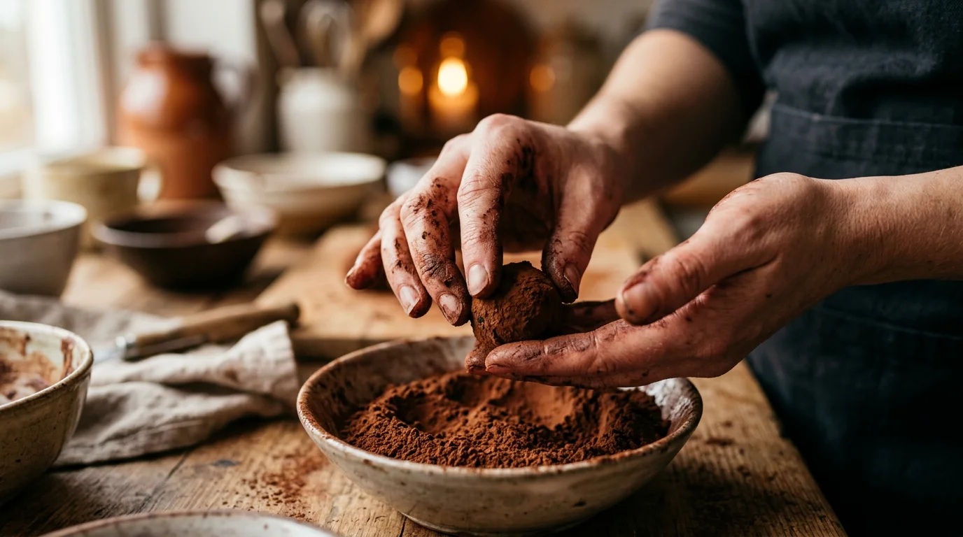 Trufas de chocolate sendo modeladas à mão com cacau em pó