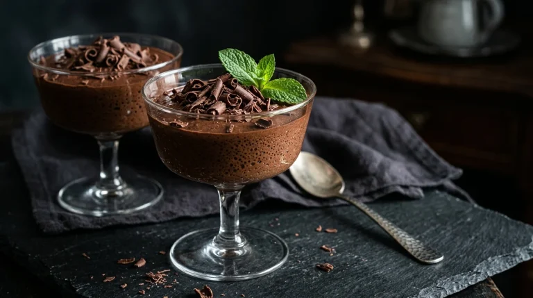 Mousse de chocolate servida em taças elegantes com raspas de chocolate