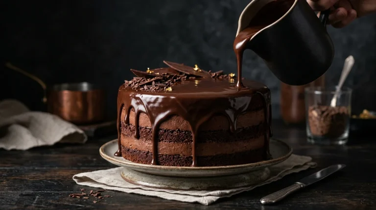 Ganache de chocolate escorrendo sobre bolo elegante, cobertura brilhante e sedosa