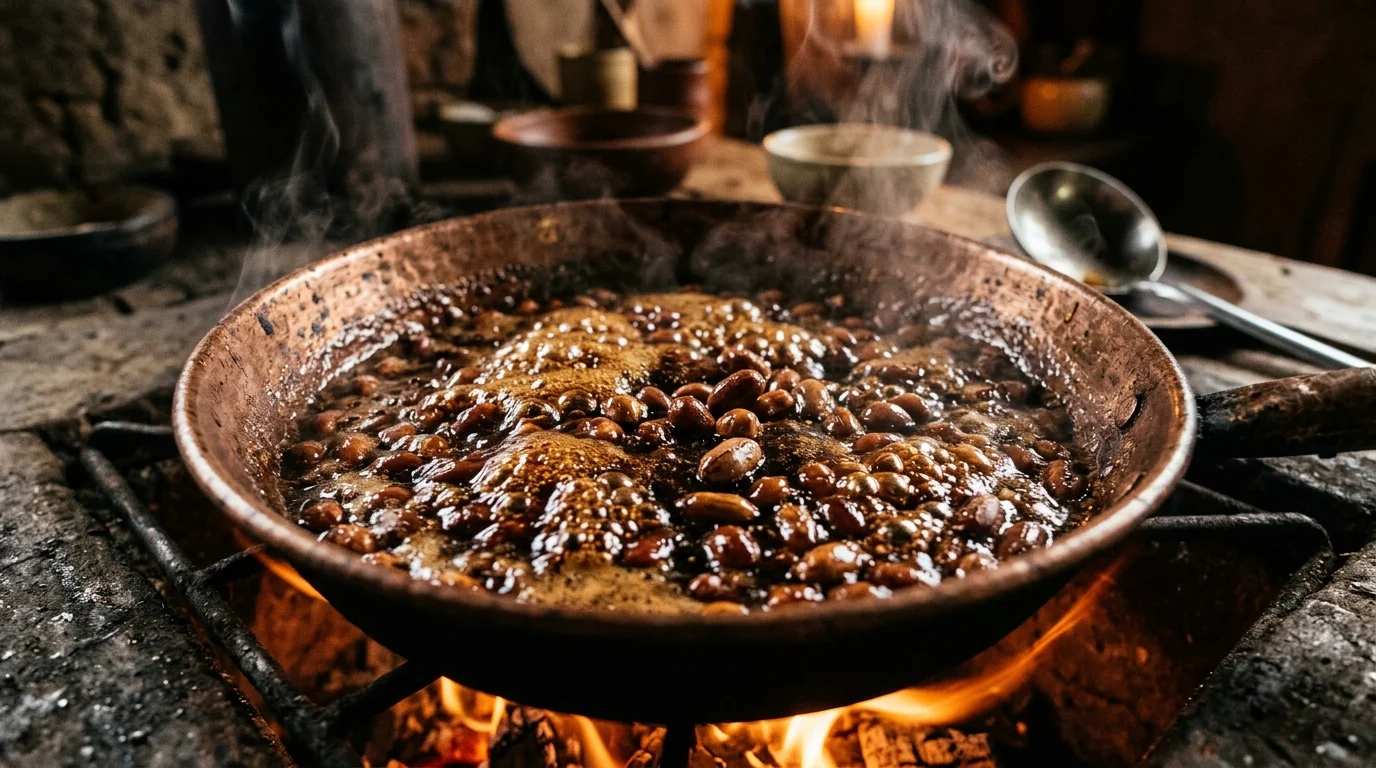 Rapadura derretendo em panela de cobre com amendoim inteiro