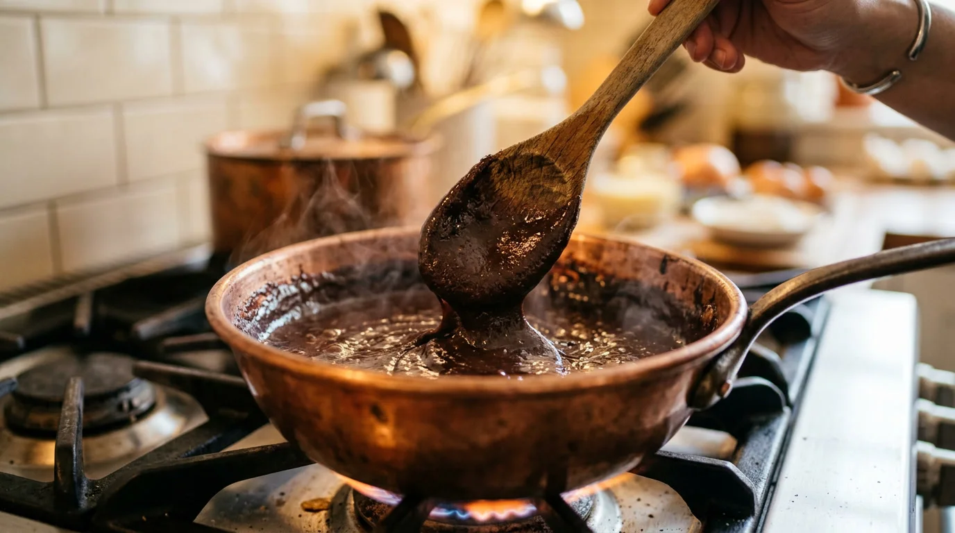 Brigadeiro sendo cozido em panela de cobre, mistura cremosa de chocolate no ponto perfeito