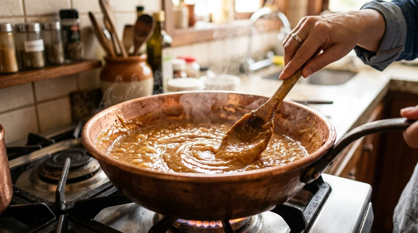 Doce de panela sendo mexido em panela de cobre com colher de pau