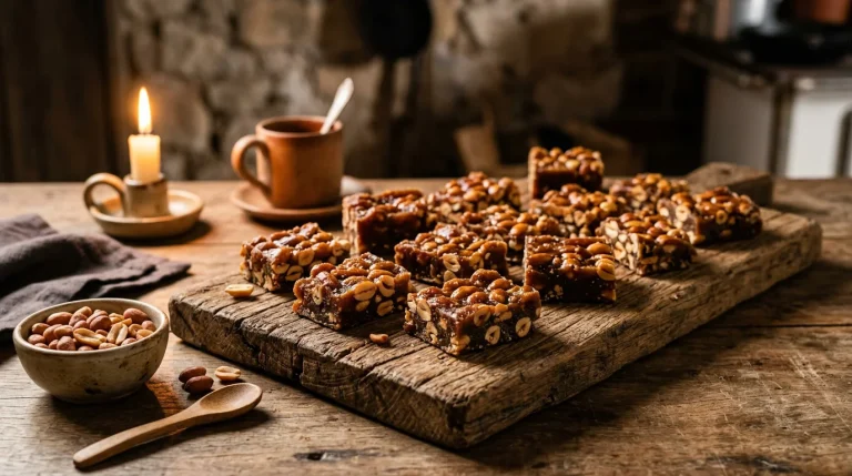 Pedaços de rapadura com amendoim em tábua de madeira rústica