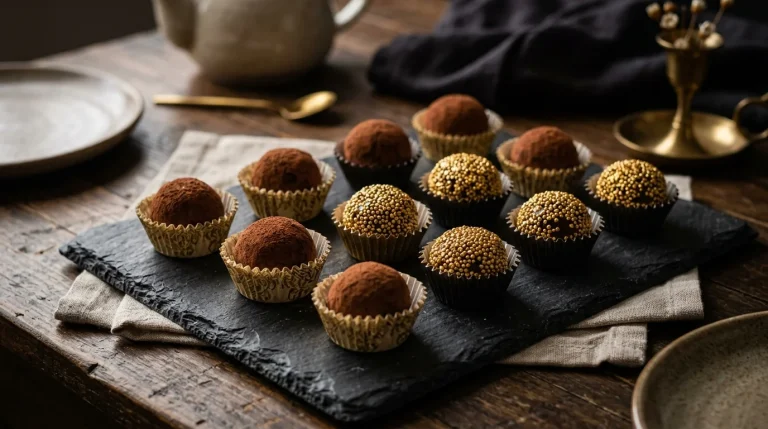 Brigadeiros gourmet em forminhas decorativas sobre ardósia, cobertos com cacau e granulado dourado