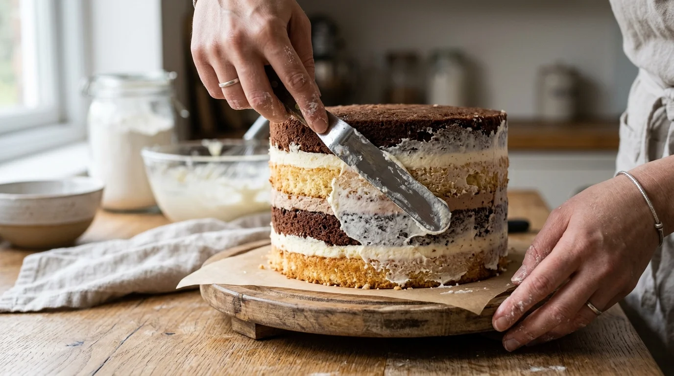 Mãos aplicando crumb coat de chantilly nas laterais do naked cake