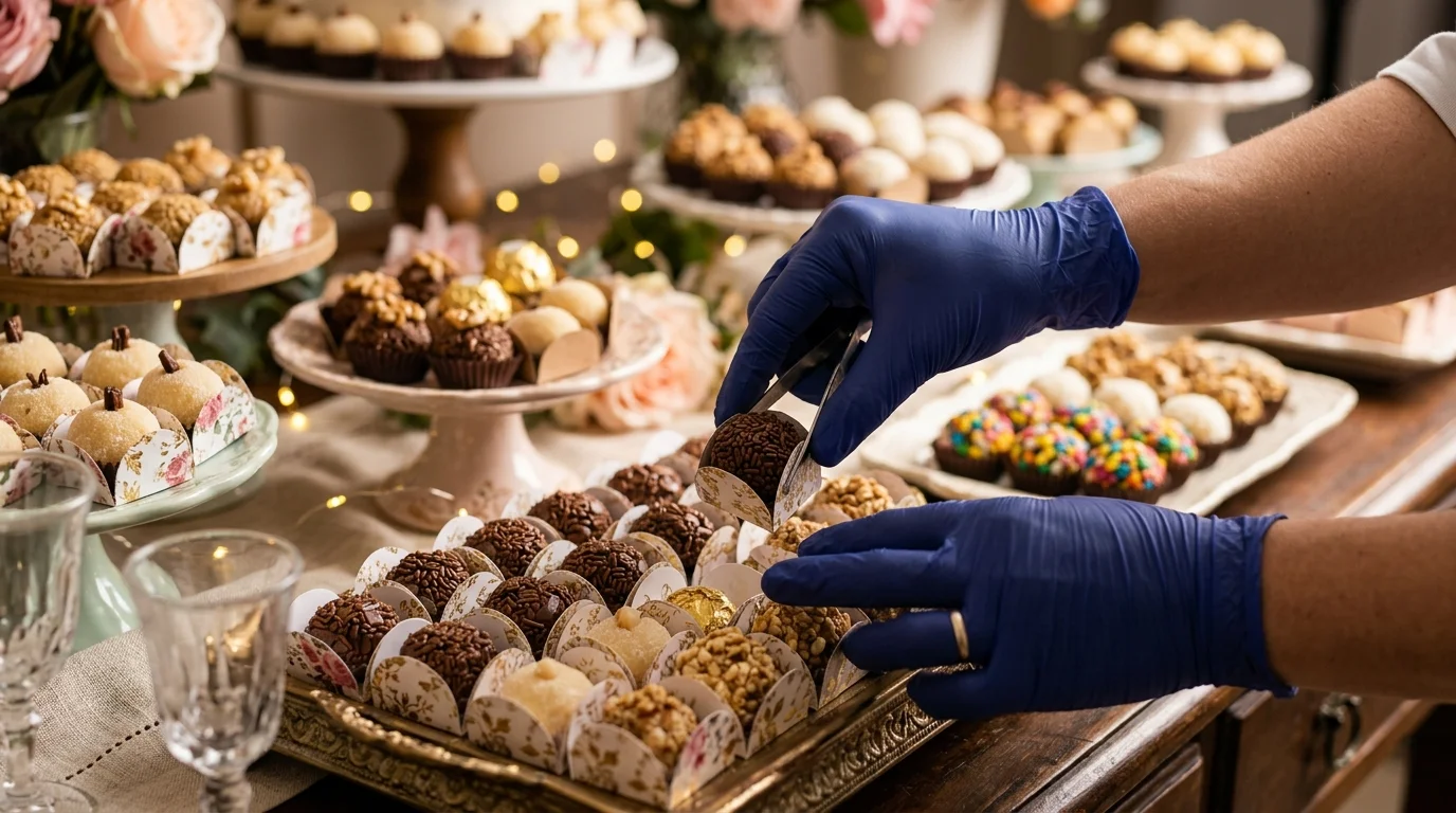 Mãos de confeiteiro posicionando docinhos em forminhas, detalhe da organização da mesa de festa