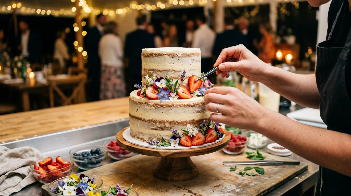 Mãos decorando naked cake com frutas frescas e flores comestíveis