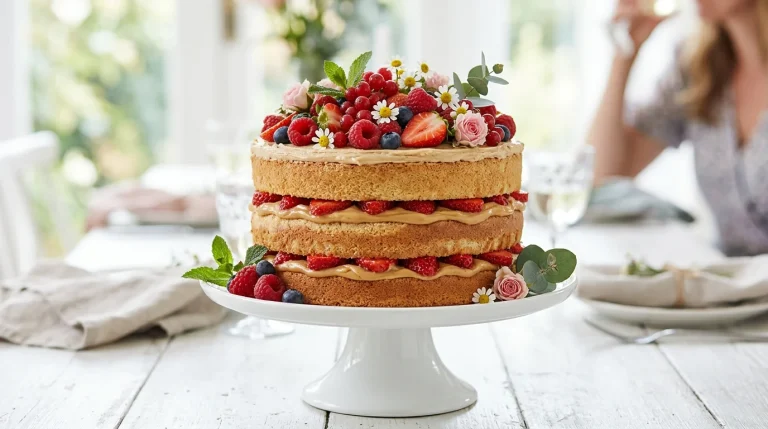 Naked cake em camadas com morangos e doce de leite em prato de bolo