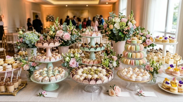 Mesa de doces elegante para festa com brigadeiros, trufas e macarons em bandejas escalonadas