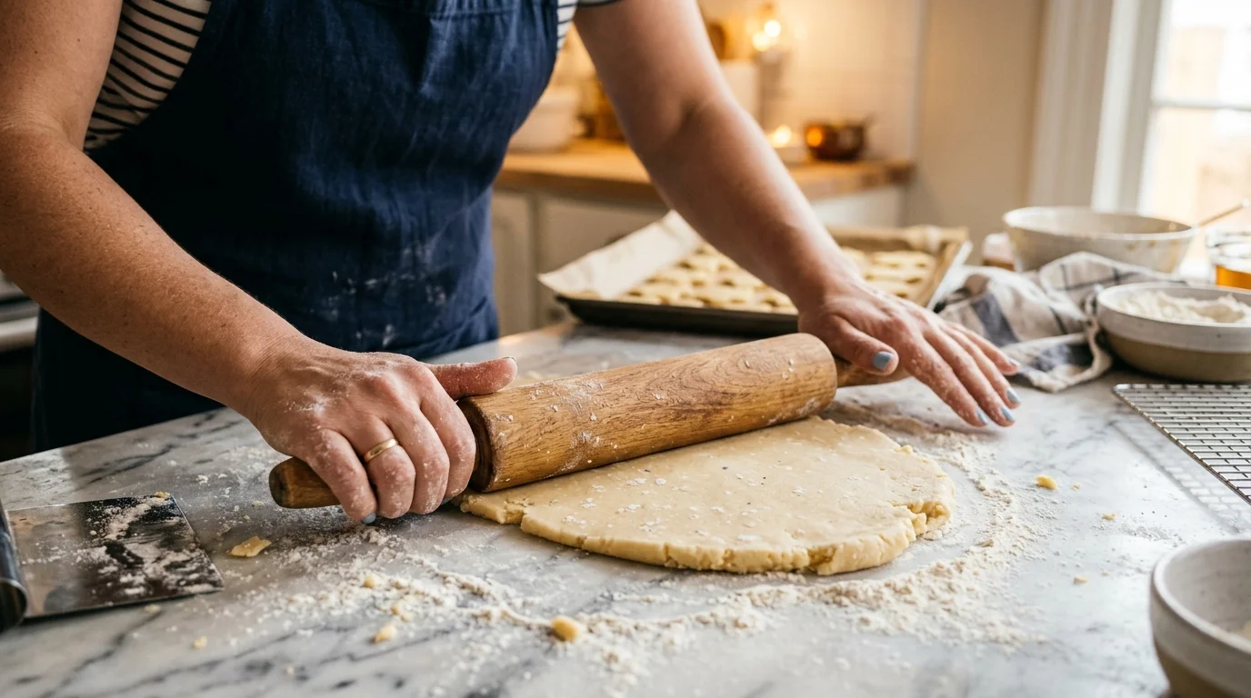 Mãos abrindo massa de biscoito em bancada de mármore com rolo