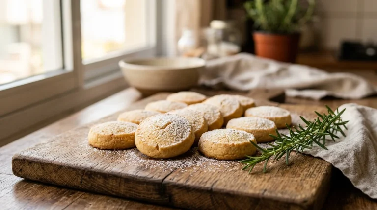 Biscoitos e Tortas artesanais amanteigados dourados em tábua de madeira