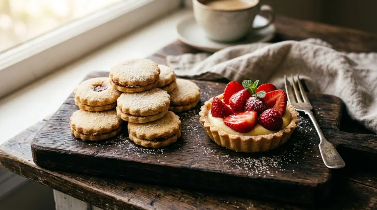 Biscoitos amanteigados artesanais e torta de morango em tábua rústica