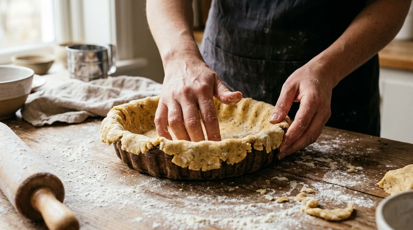 Mãos pressionando massa de torta em forma canelada com farinha polvilhada