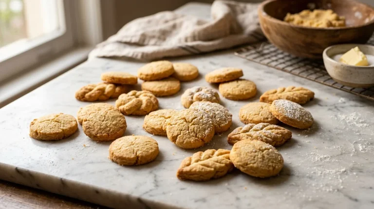 Biscoitos amanteigados artesanais dourados sobre mármore com luz lateral - biscoitos e tortas