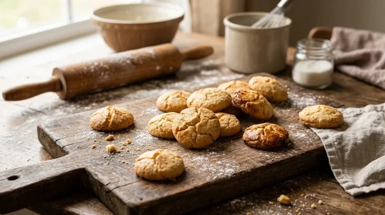 Biscoitos amanteigados artesanais dourados em tábua rústica